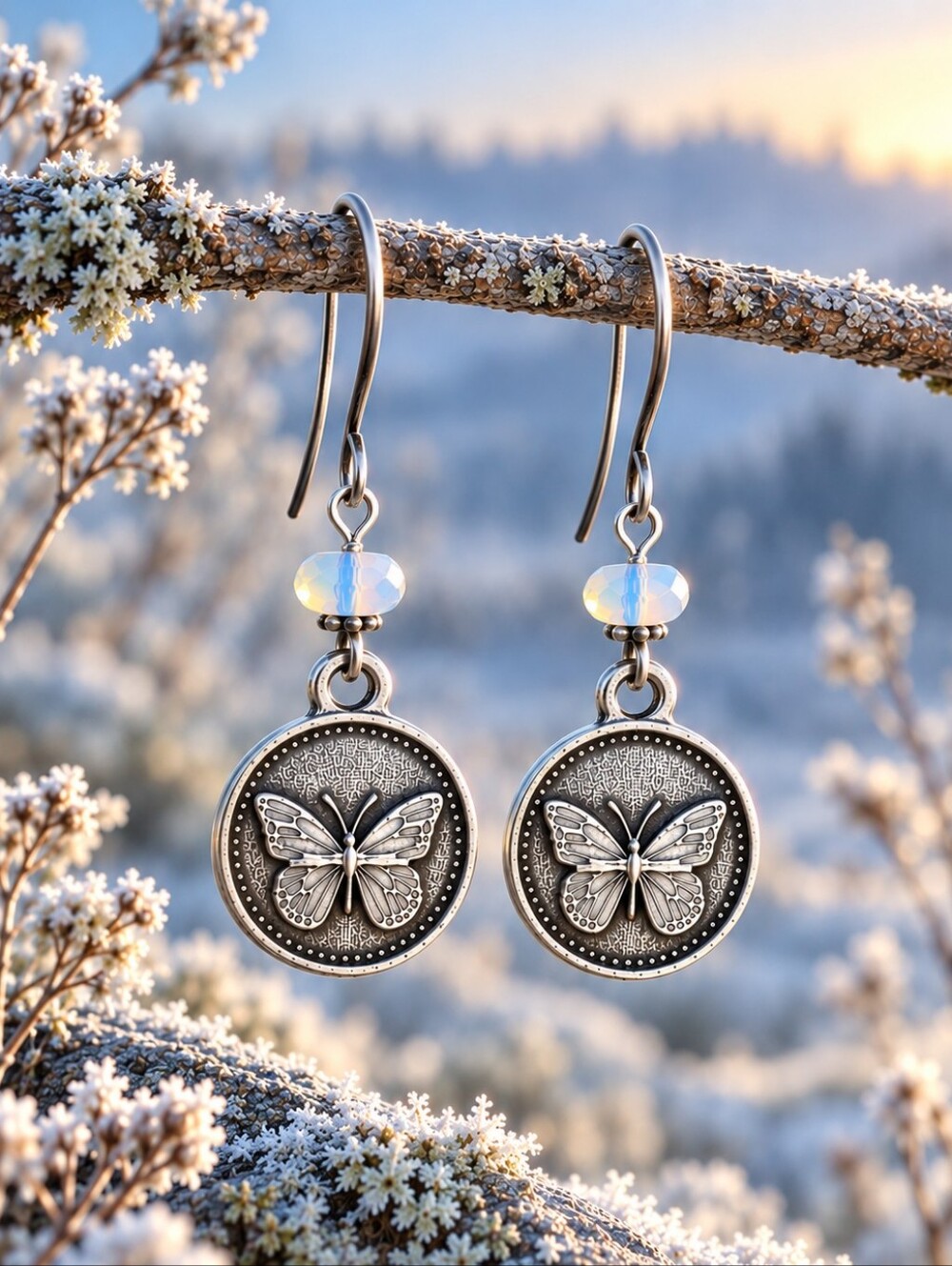 Opaline Czech Glass Butterfly Earrings Antiqued Silver Hand Crafted